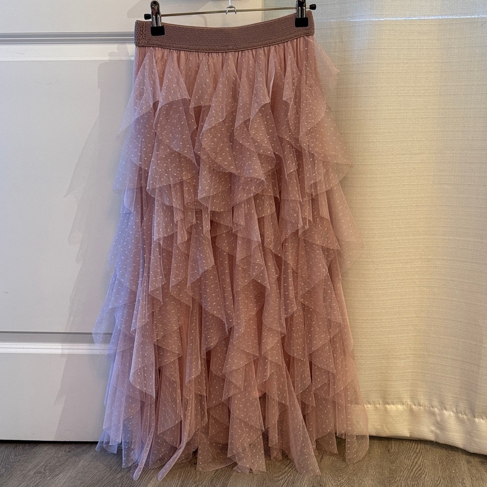 Anthropologie Dusty Rose Polka Dot Ruffle Tulle Maxi Skirt